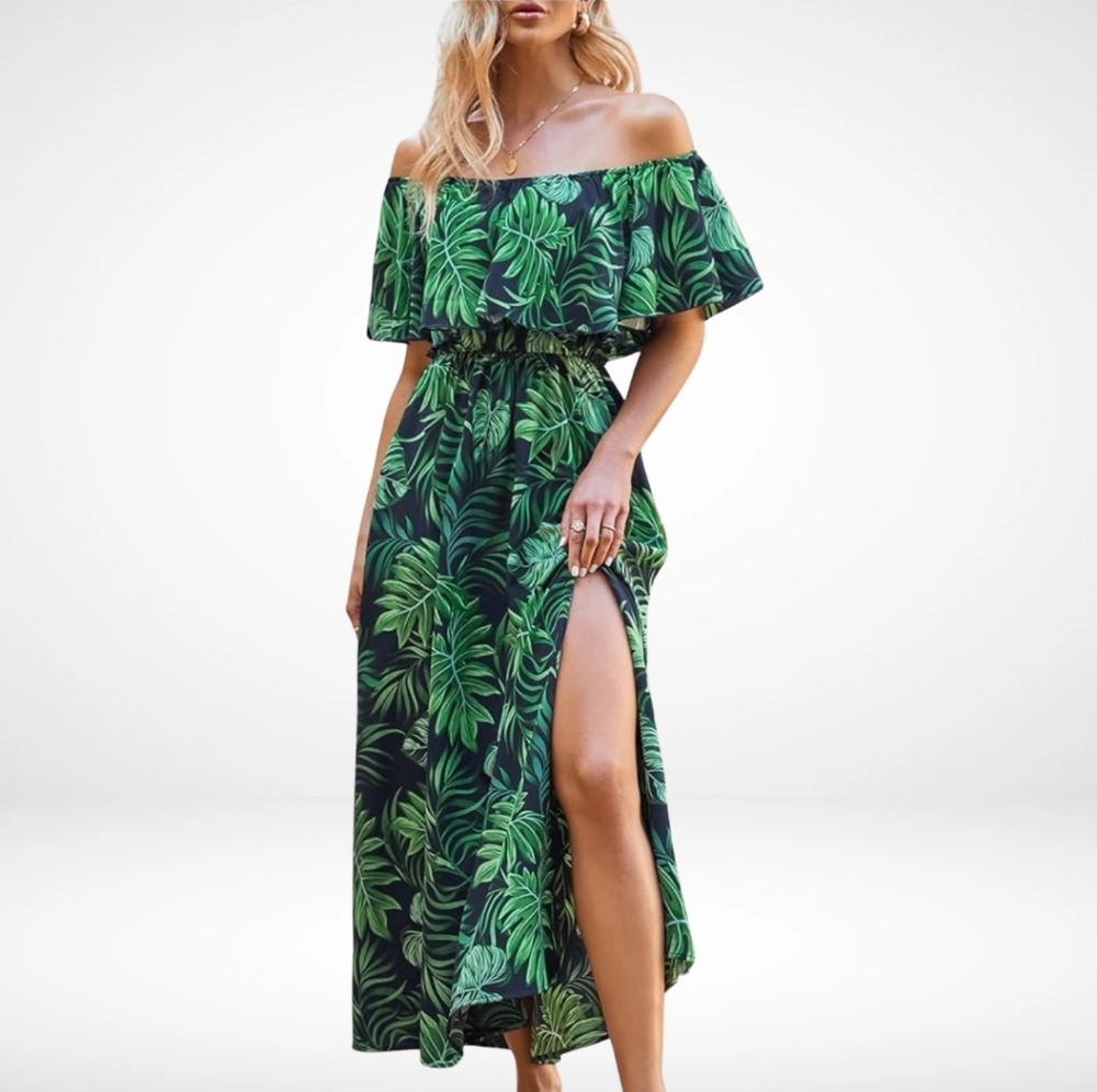 Tropical Green Off-Shoulder Maxi Dress